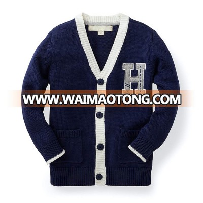 100% cotton winter children custom  Boys' Varsity  V Neck Cardigan primary school uniform designs baby kids sweater with letter